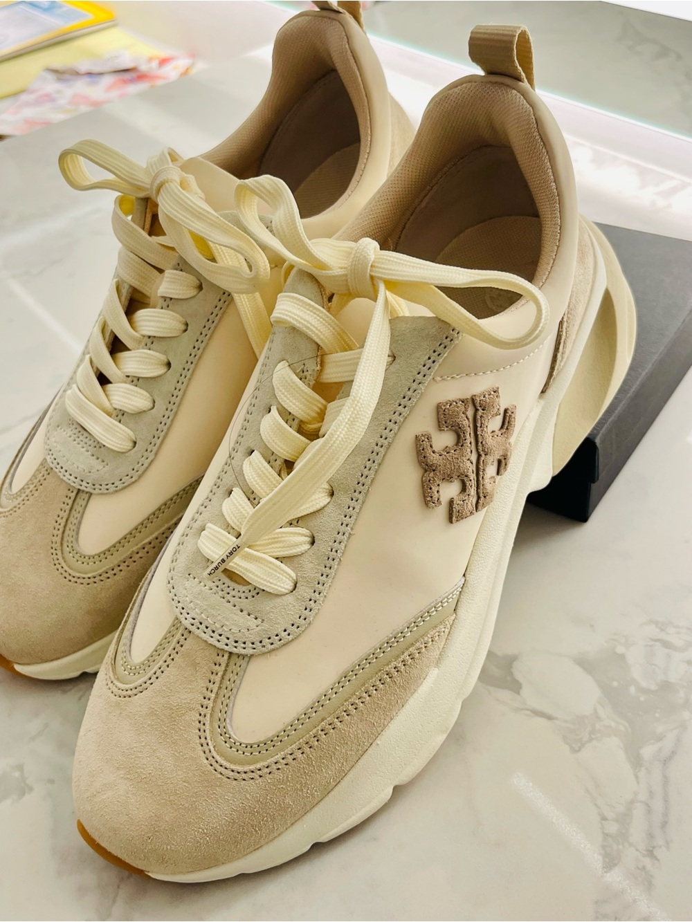 Good Luck Trainer by Tory Burch Cream and Beige Suede-Trim Sneakers♥️